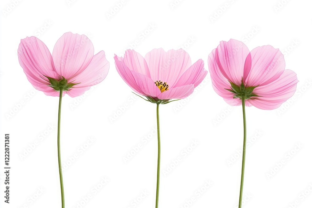 Three delicate pink flowers stand elegantly against a white background, showcasing their beauty and grace Three delicate pink flowers stand elegantly against a white background, showcasing their beauty and grace