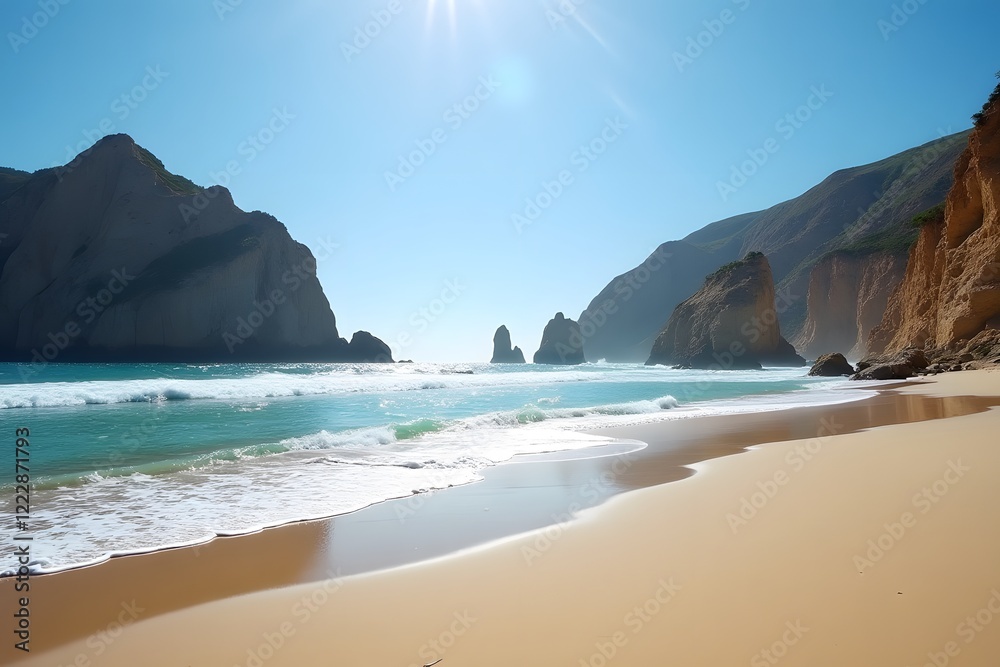 Obraz premium A beach with dramatic cliffs rising from the shore, the ocean sparkling below.