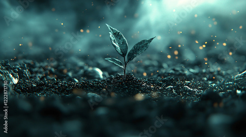 A close-up of a fragile seedling with drooping leaves, enveloped by a thick haze of smoke and airborne dust particles  photo