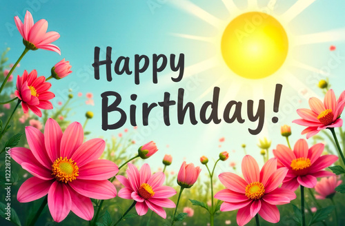 Happy birthday greeting on the background of a flower field and sunny sky. photo