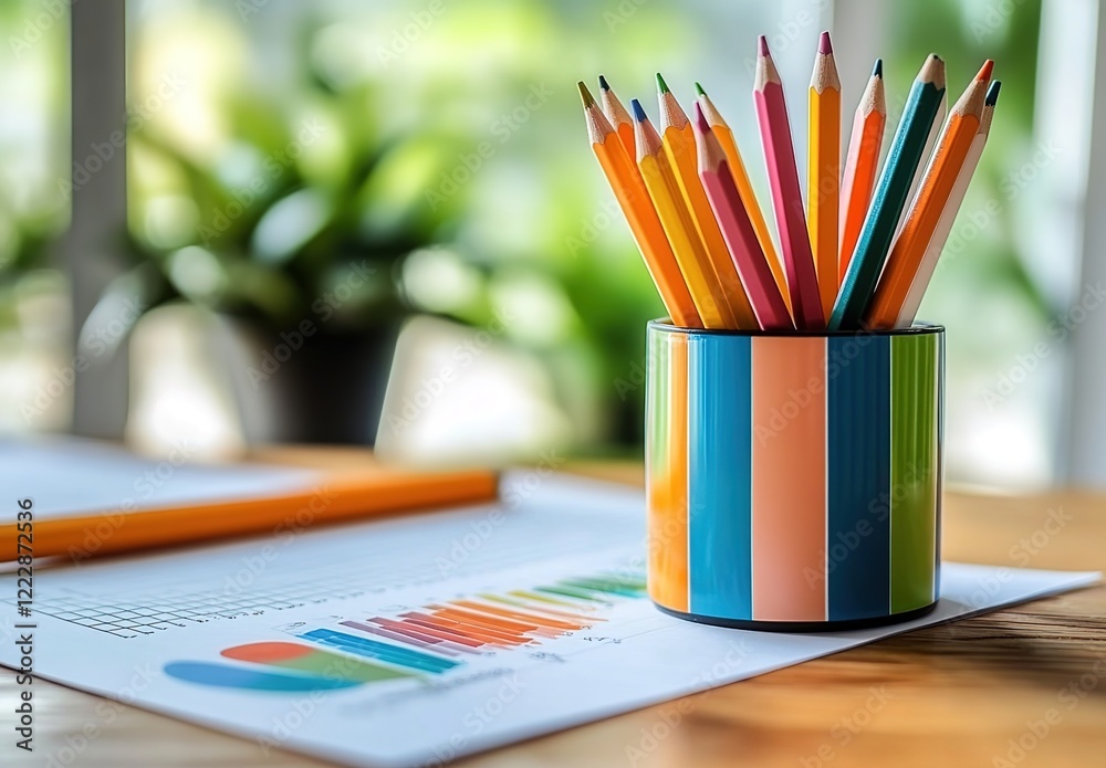 A colorful pencil cup with pencils on top of an office desk, next to it is the colorful financial graph paper and documents. A colorful pencil cup with pencils on top of an office desk, next to it is the colorful financial graph paper and documents.