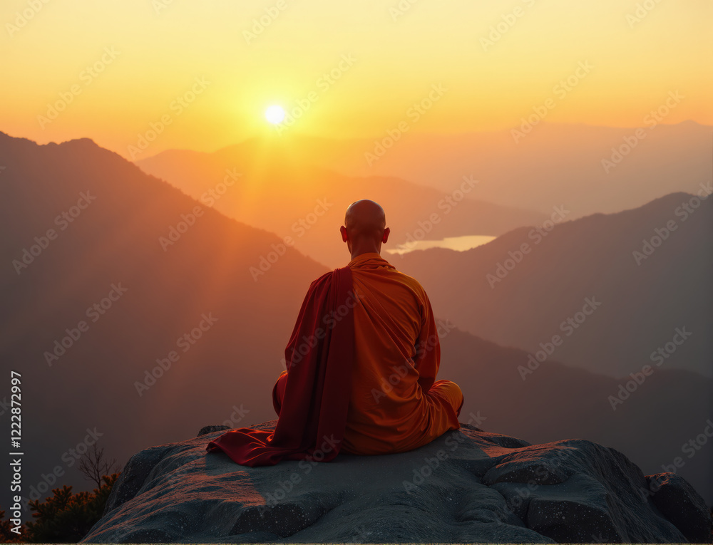 Fototapeta premium A serene monk sits on a mountain peak at dawn, meditating as the golden sun rises between the hills.