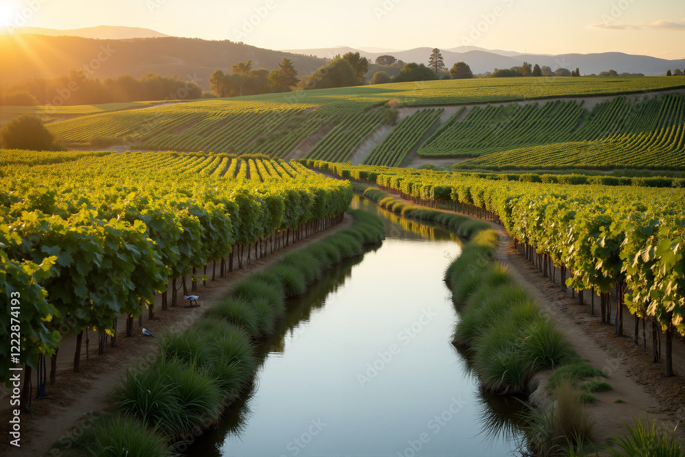 Naklejka premium Golden afternoon light reflecting on a river through vineyard rows