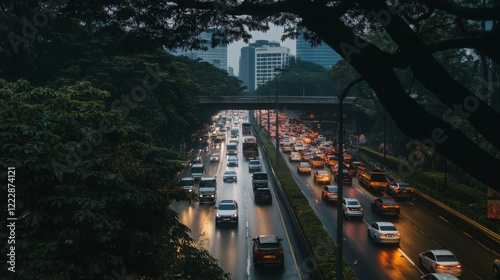 Heavy traffic on highway during rush hour, vehicles moving slowly in a long line, urban congestion and daily commute challenges.