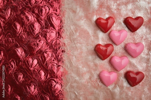 Red and pink hearts in hands, isolated, textured backgrounds, empty space for text