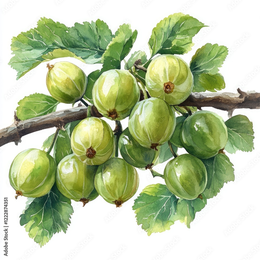 A detailed illustration of green gooseberries hanging from a branch surrounded by lush leaves A detailed illustration of green gooseberries hanging from a branch surrounded by lush leaves