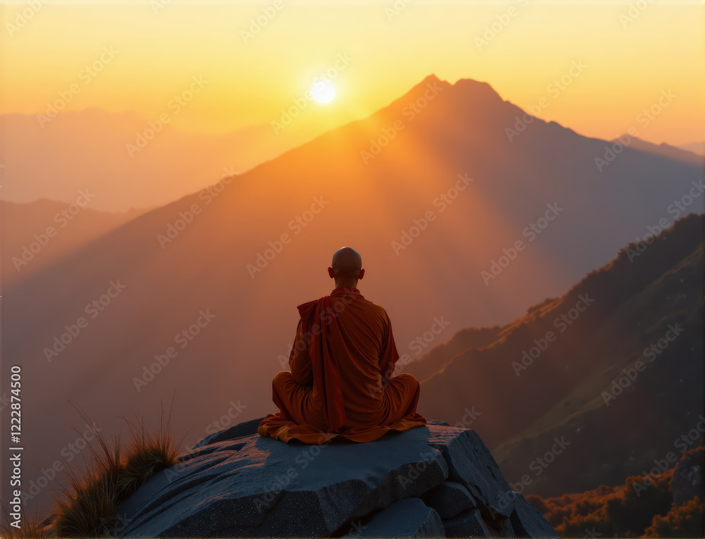A monk meditates on a mountaintop, welcoming the calm of dawn and the warmth of the rising sun. A monk meditates on a mountaintop, welcoming the calm of dawn and the warmth of the rising sun.