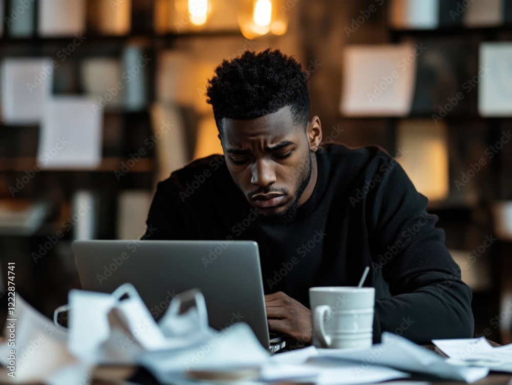 Man Struggling with Procrastination at Desk with Laptop Man Struggling with Procrastination at Desk with Laptop