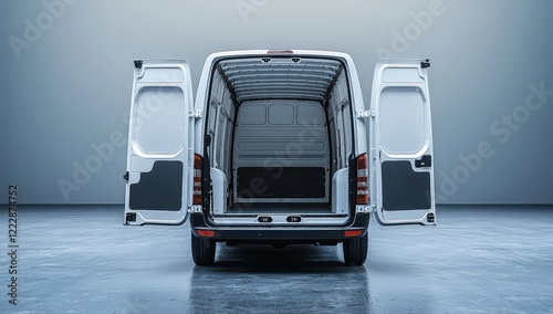 A white van with its doors open, viewed from the back in an empty room. The cargo area is visible inside, and there is space for text or graphics on one side of it.