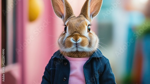 Fashionable rabbit posing outdoors, city backdrop photo