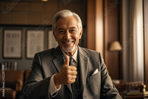 smiling man in suit and tie giving thumbs up in a room