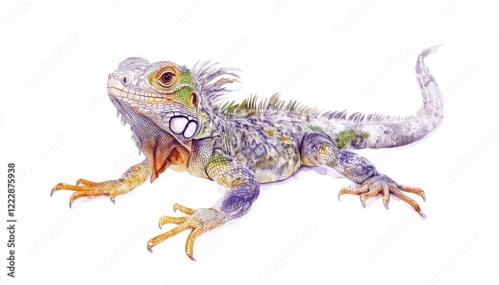 Naklejka premium Colorful iguana posing on a white background, showcasing vibrant scales and intricate details