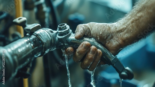 Wallpaper Mural Person fixing water pipe with wrench, close-up of hands, professional plumbing tools, modern home bathroom background Torontodigital.ca