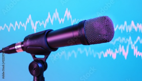 A vibrant podcast microphone surrounded by dynamic sound waves showcasing the essence of podcasting as a medium for communication and creativity.