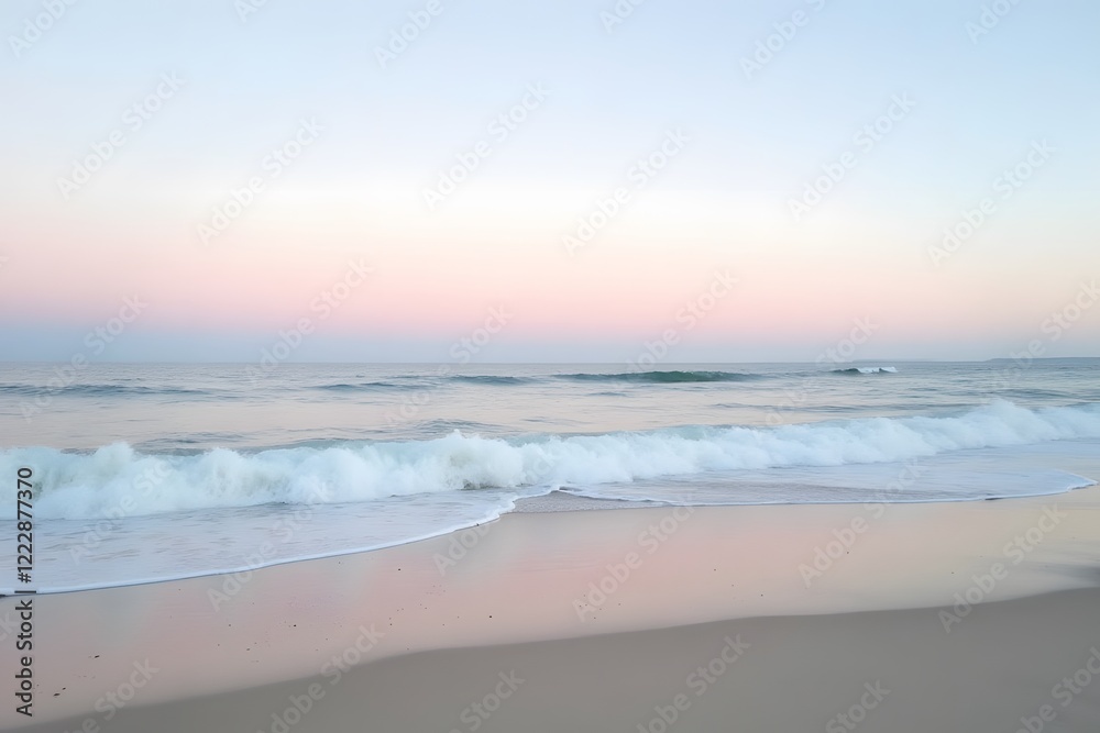 Obraz premium A serene beach under a pastel sky, with the waves gently rolling onto the shore.