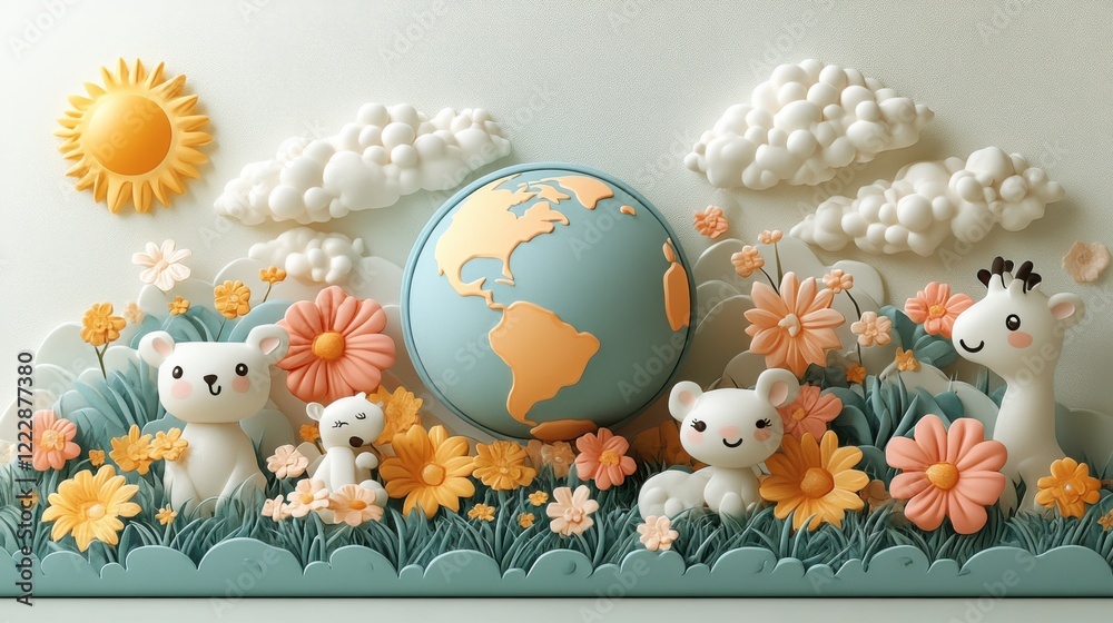 Obraz premium Colorful 3D illustration of animals and flowers surrounding a globe under a sunny sky