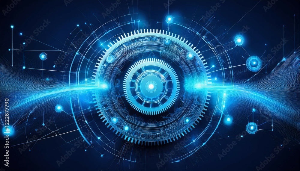 Obraz premium abstract blue glowing digital gears and connections on a dark background