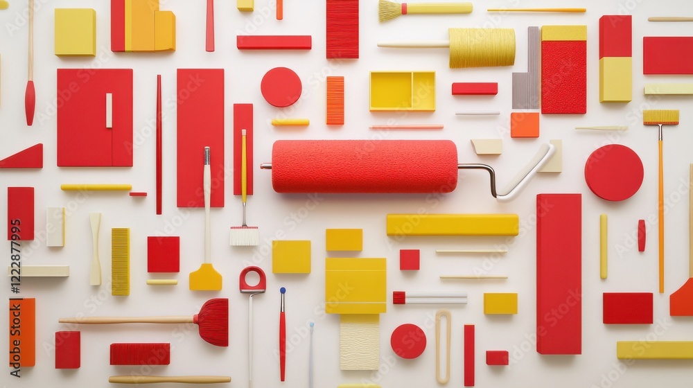 Obraz premium Colorful arrangement of painting tools and materials on a white background for creative projects