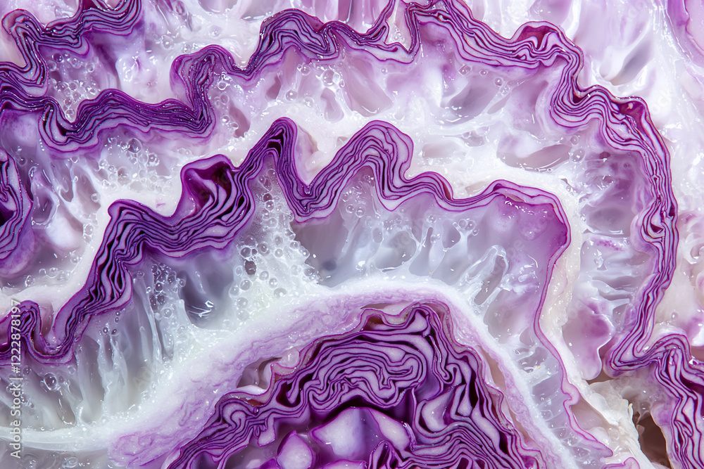 Obraz premium Close-up of vibrant purple cabbage layers showcasing intricate textures and moisture droplets