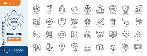 Branding line editable icon set. Containing marketing, product, design, logo, brand development, social media, advertising, brand value, loyal customers and more