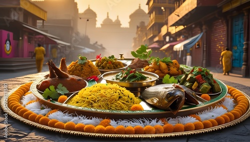 Traditional Bengali cuisine and food meal thali of West Bengal, India. Bengali food thali in kolkata. bengali thali for puja and Pailaboishakh.