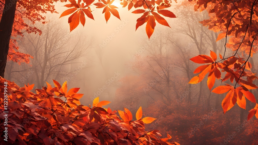 Vibrant orange autumn leaves frame a misty, sunlit forest scene. Vibrant orange autumn leaves frame a misty, sunlit forest scene.