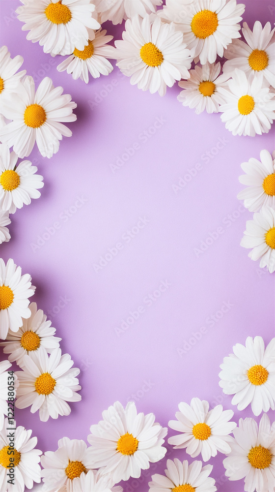 Obraz premium Arranging beautiful white daisies with bright yellow centers to create a charming frame against a vibrant purple background, offering ample copy space in the center for text or designs
