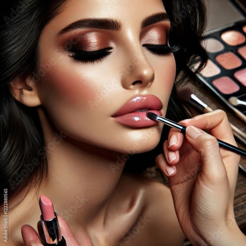 Close-up view of a woman with dark hair and makeup being applied to her lips by a makeup artist.

