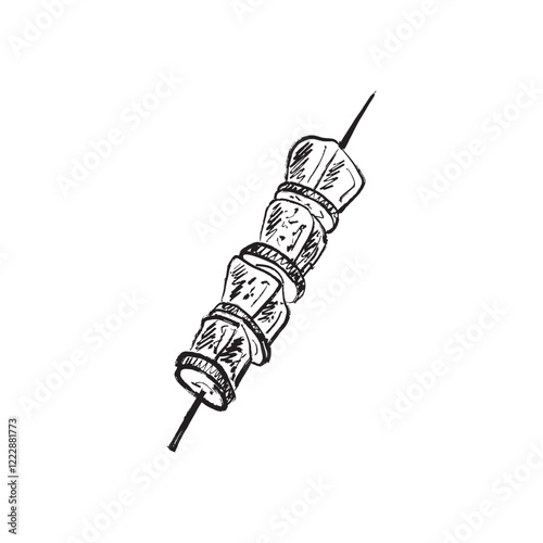 Shashlik meat grilled on skewer with vegetables. Meat pieces on skewer with baked vegetables isolated on white background. Hand drawn vector sketch illustration in vintage charcoal ink style