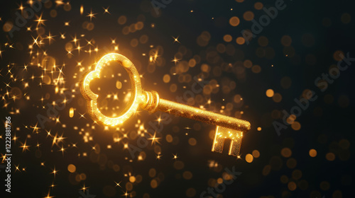 sparkling golden key surrounded by shimmering lights symbolizes unlocking potential and opportunities. Its enchanting glow captivates viewer imagination