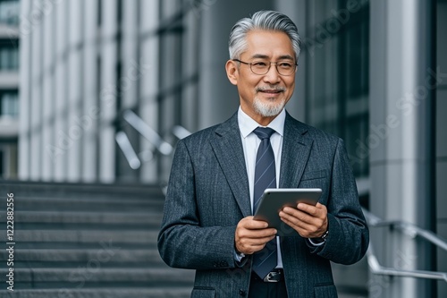 arafed asian man in suit and tie using a tablet computer photo