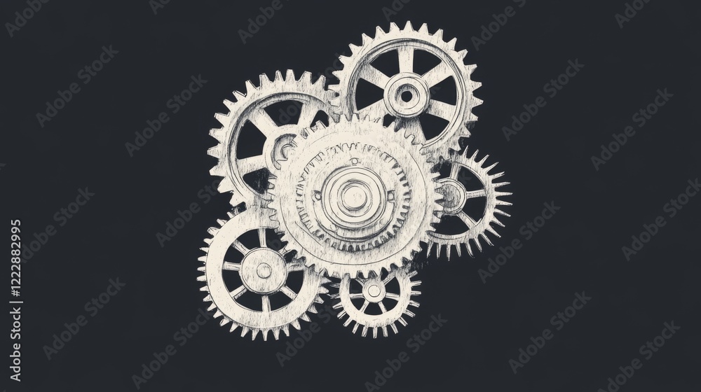 Interlocking metallic gears on dark background.