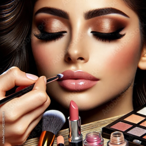 Close-up view of a woman with dark hair and makeup being applied to her lips by a makeup artist.
