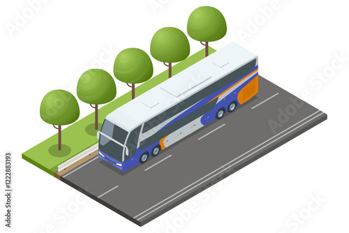 An isometric view of a double-decker bus in multiple perspectives, showcasing its vibrant yellow and purple design. Suitable for tourism and long routes. Travel vacation tourism tour public route
