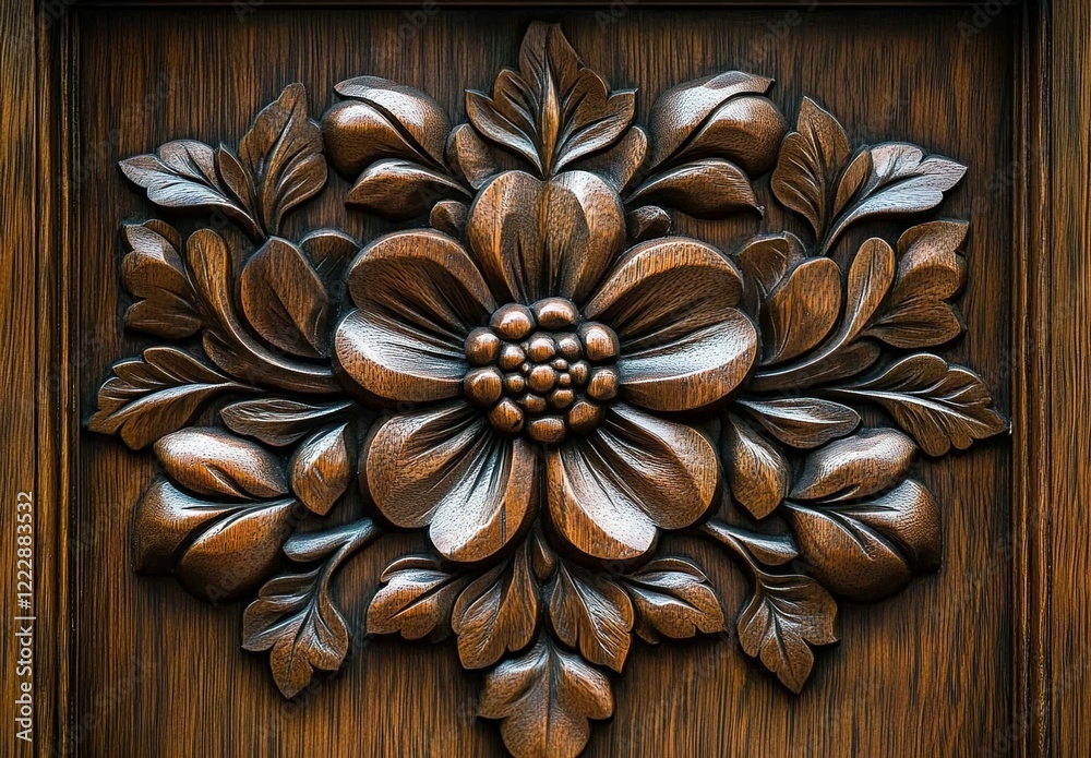 Wooden carved flower pattern on the door, with beautiful details and decorative elements. Wooden carved flower pattern on the door, with beautiful details and decorative elements.