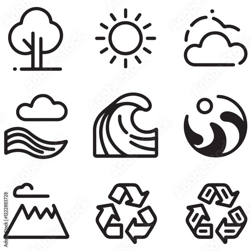 Set of outline icons related to environment. Linear icon collection. Editable stroke. Vector illustration