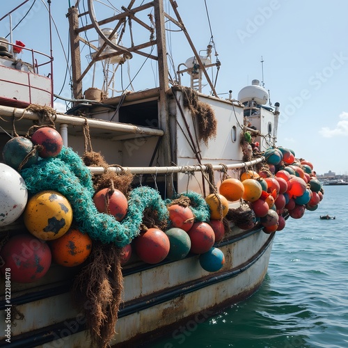 Boat with colorful lanterns arriving in the harbor 