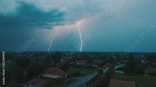 A severe lightning storm casts its glow over a suburban residence. photo