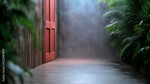 A red door surrounded by tropical plants with a misty atmosphere, creating a captivating environment for storylines involving mystery or discovery. Selective focus photo