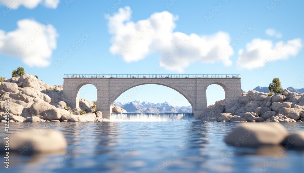 Scenic view of a stone bridge over calm waters surrounded by rocky terrain and mountains Scenic view of a stone bridge over calm waters surrounded by rocky terrain and mountains