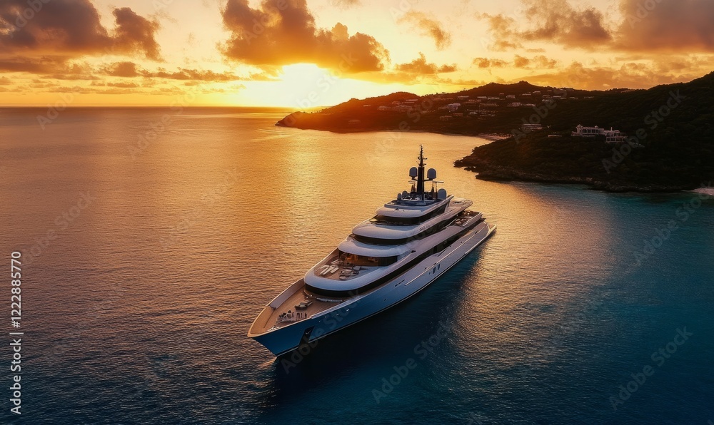 Fototapeta premium Luxury yacht anchored at sunset over calm waters