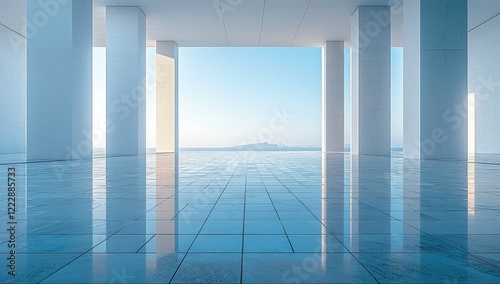 A white building with columns on the left side of an empty floor with a blue sky background. 