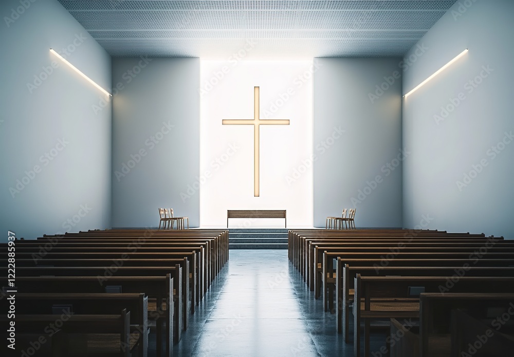 Naklejka premium A modern church with an empty cross on the wall, a bright window in front of it, and wooden pews along both sides. 