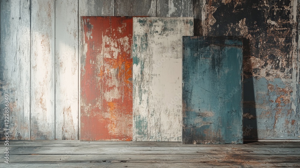 Distressed Wooden Wall Panels with Faded Paint and Weathered Texture Distressed Wooden Wall Panels with Faded Paint and Weathered Texture