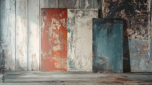Distressed Wooden Wall Panels with Faded Paint and Weathered Texture