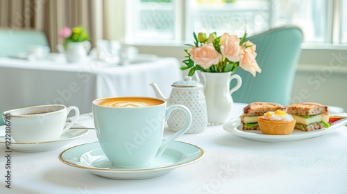 Wallpaper Mural An elegant dining table set for high tea, presenting a masala coffee latte in an exquisite china cup, accompanied by delicate finger sandwiches and a decorative tea set. Torontodigital.ca