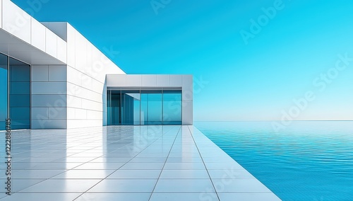 A white modern building with large windows on the left side, a clear blue sky in the background