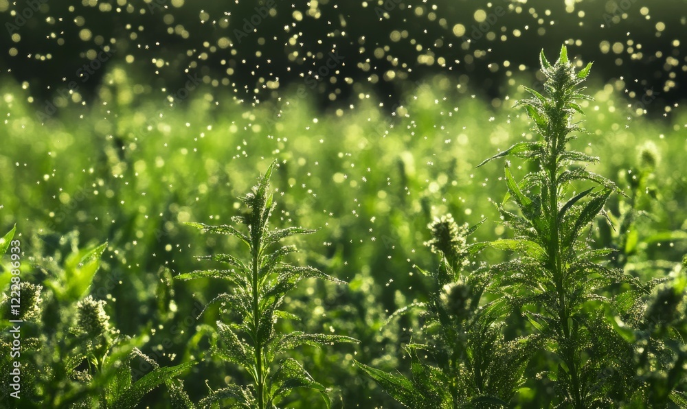 Macro Ragweed grass field with pollen in the air Macro Ragweed grass field with pollen in the air