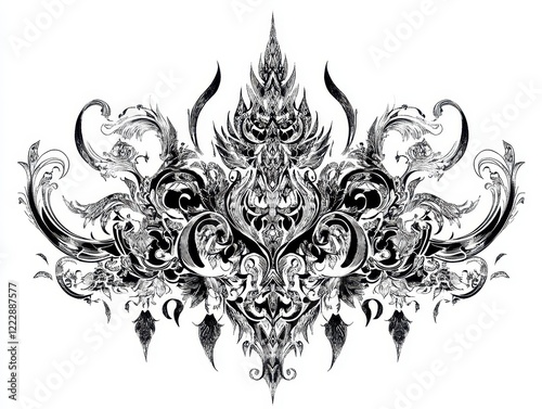 Sacred Thai tattooinspired patterns, symmetrical sak yan motifs in black lines, pure white background, elegant spiritual art photo