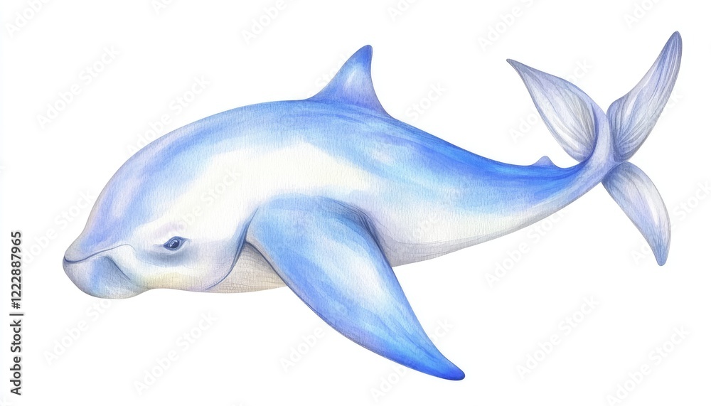 Fototapeta premium A serene illustration of a dolphin swimming gracefully in clear waters, surrounded by a tranquil underwater scene